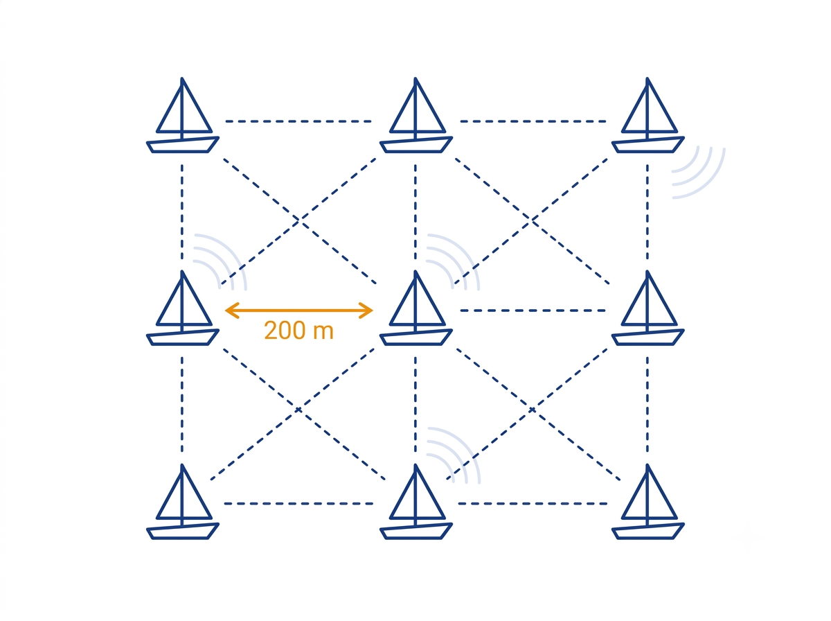 Swarm mesh network diagram showing sailboats spaced 200 m apart