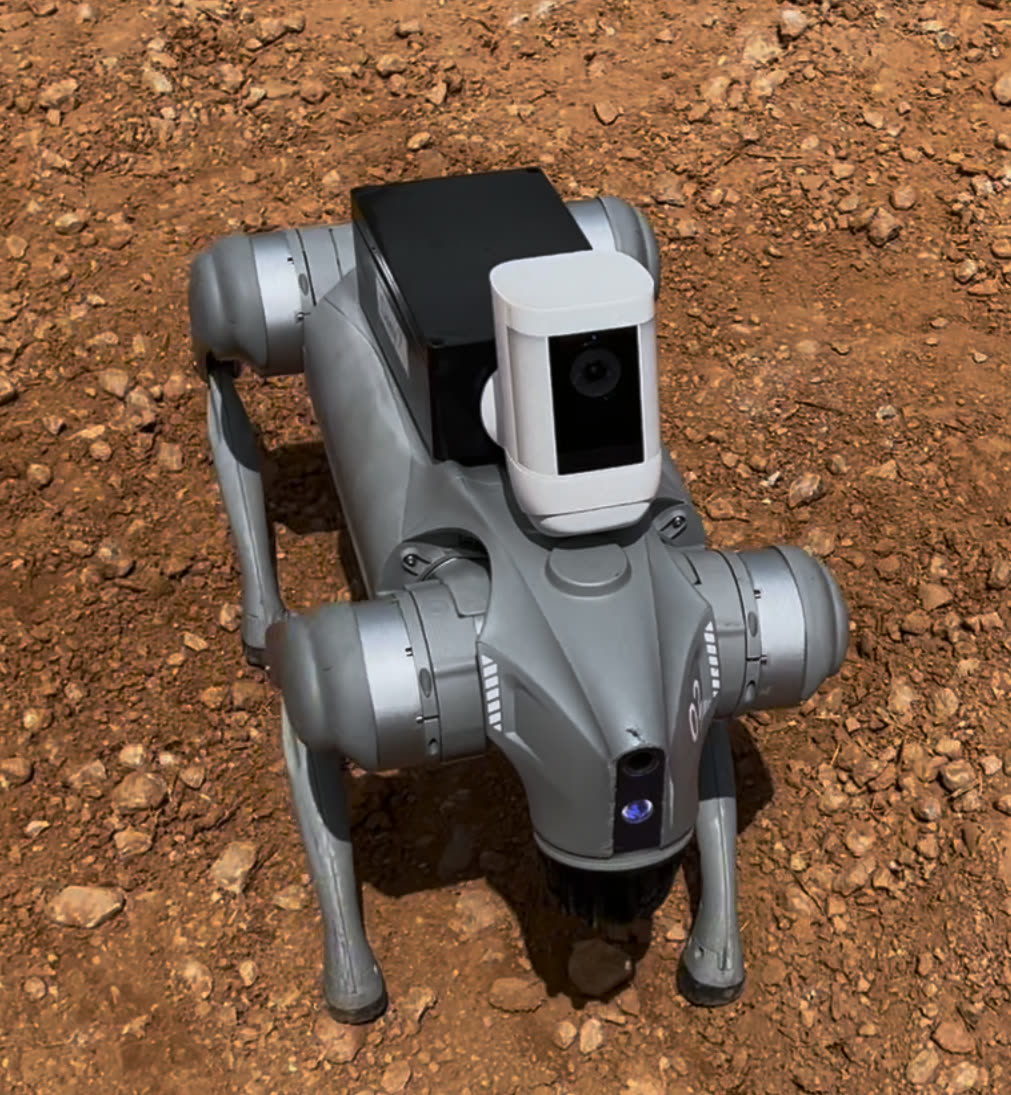 The quadruped with the original payload: a Ring doorbell camera strapped to its back